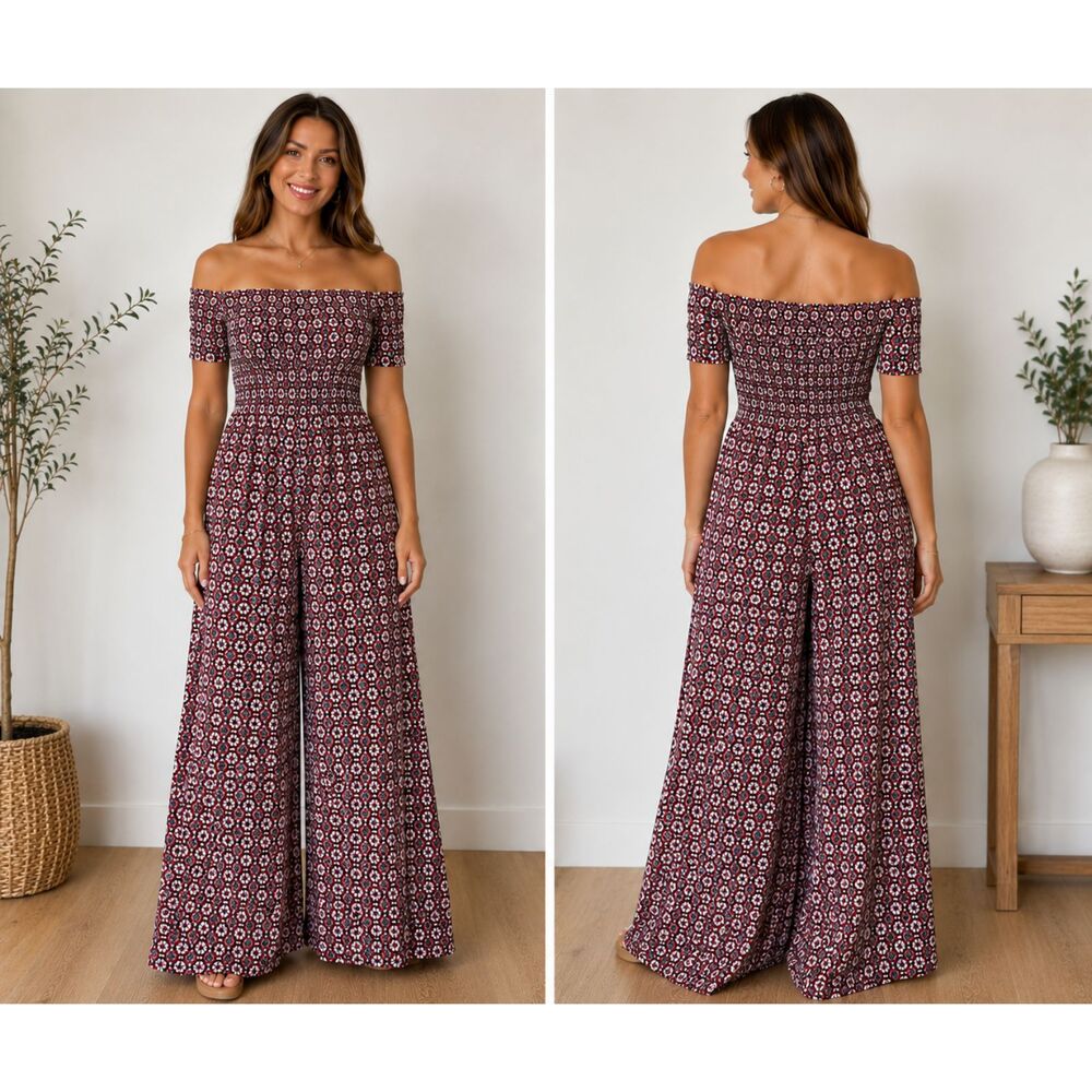 Coverstitched Smocked Off-the-Shoulder Wide Leg Jumpsuit - Geometric - Large